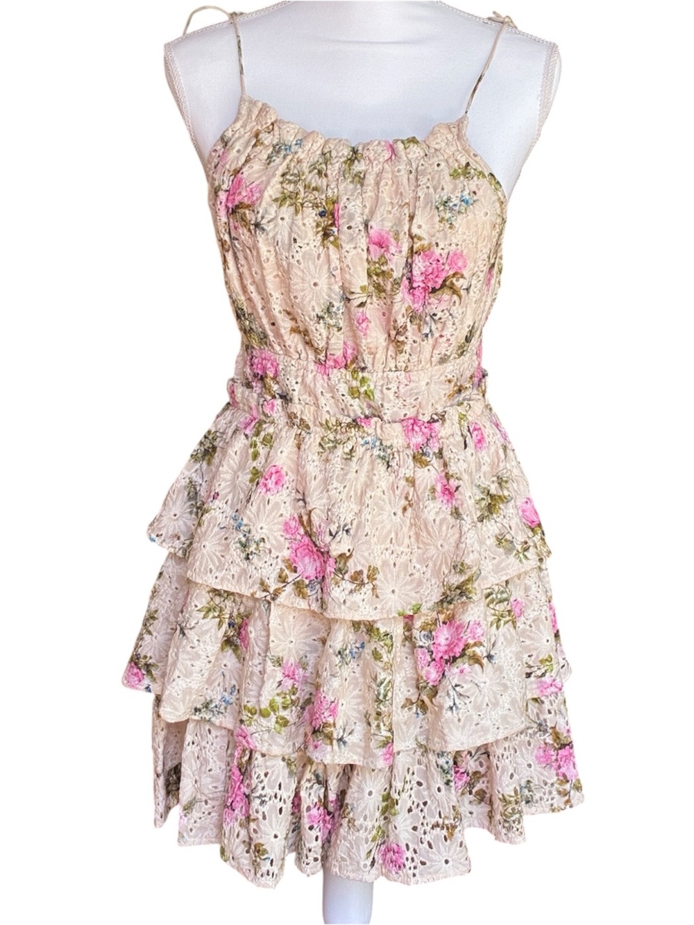 Boho Ruffle Cream Floral Cotton Tiered Mini Dress with Pink Tassel Straps Sz. XS